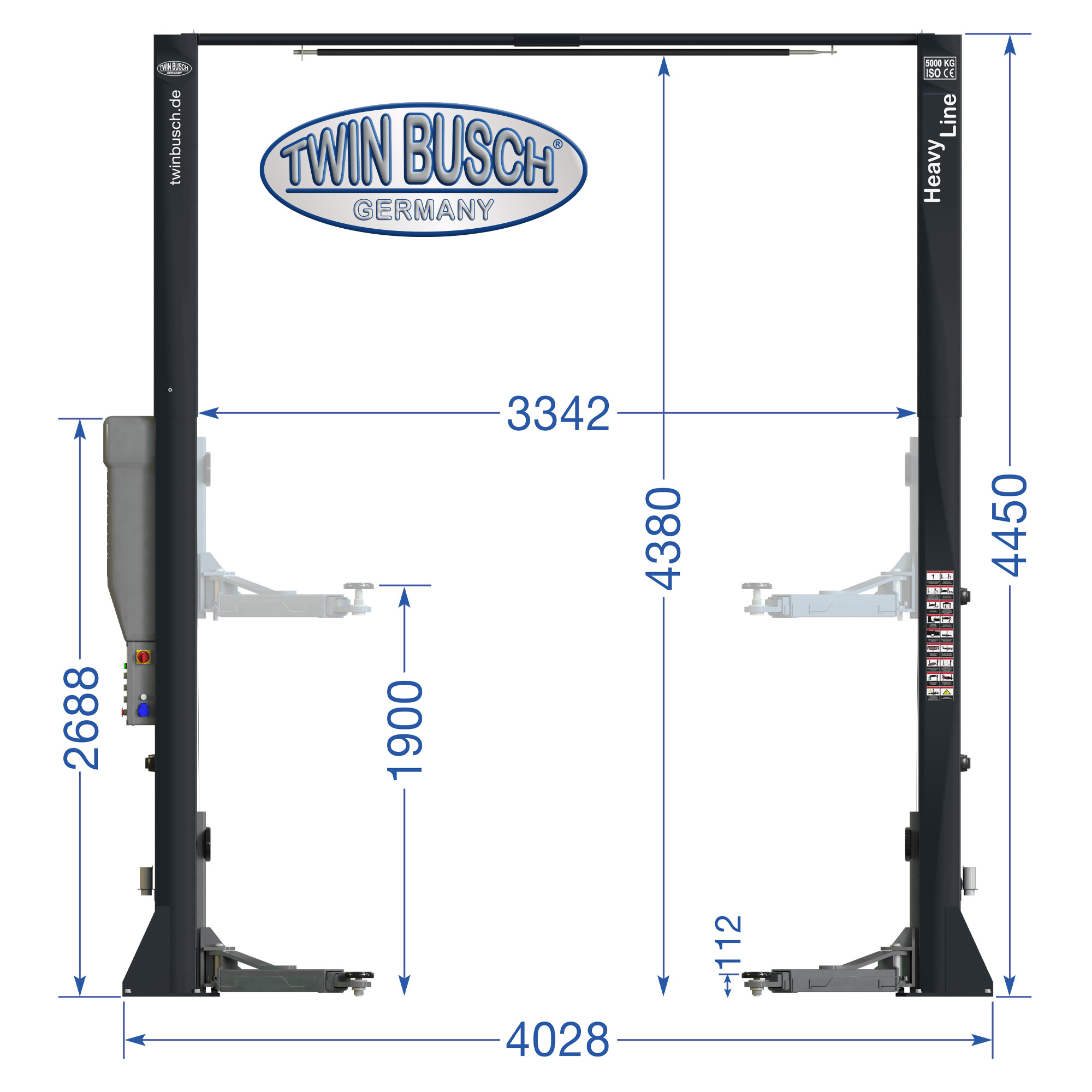 TW250B4.5-400-G: 2-koloms hefbrug Heavy-Line | zonder bodemplaat 5.0 T - Grey-Line - Afbeelding 10