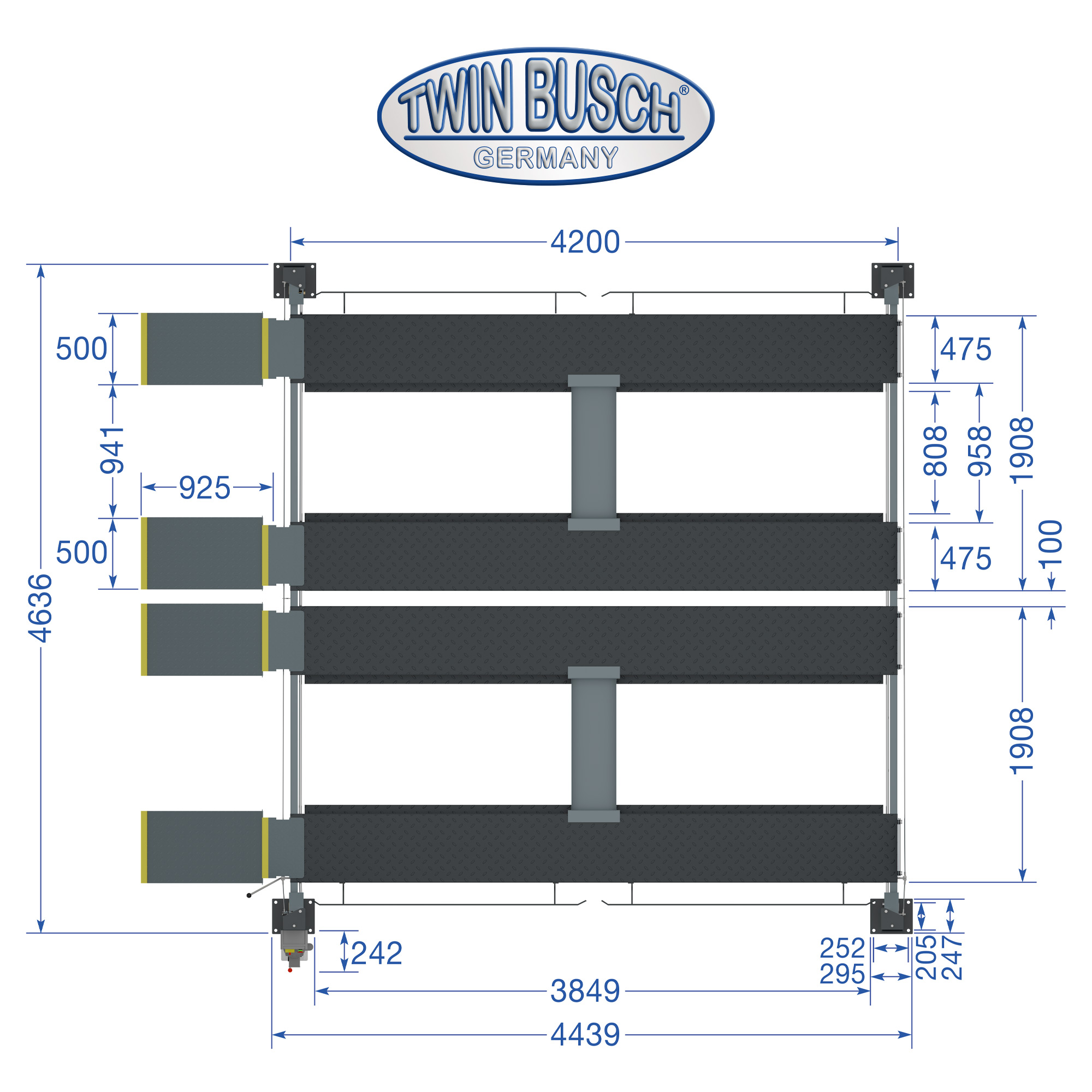 TW436PD2-230-G: 4-koloms hefbrug Dubbel parkeren – 3,6 T - GREY-Line - Afbeelding 14